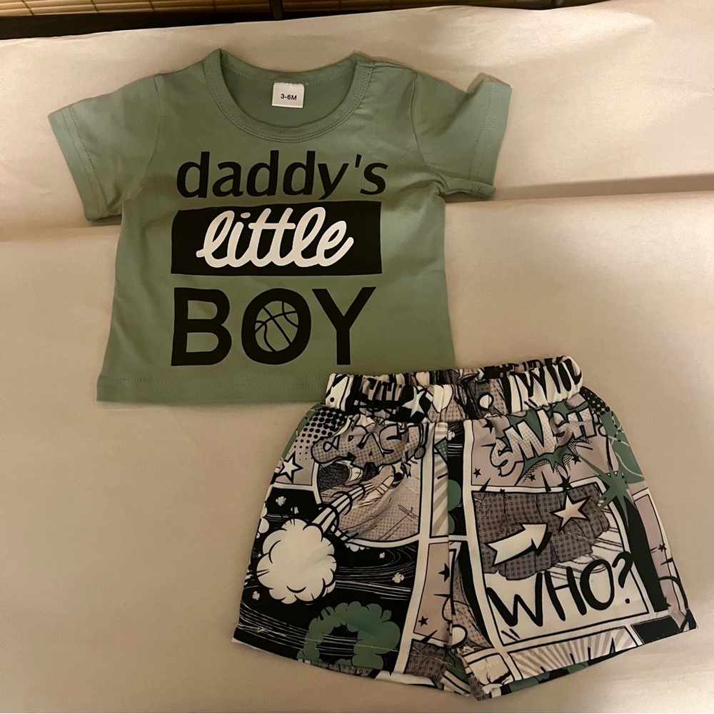 Daddy’s Little Boy Green Graphic Tee and Comic Print Shorts Set